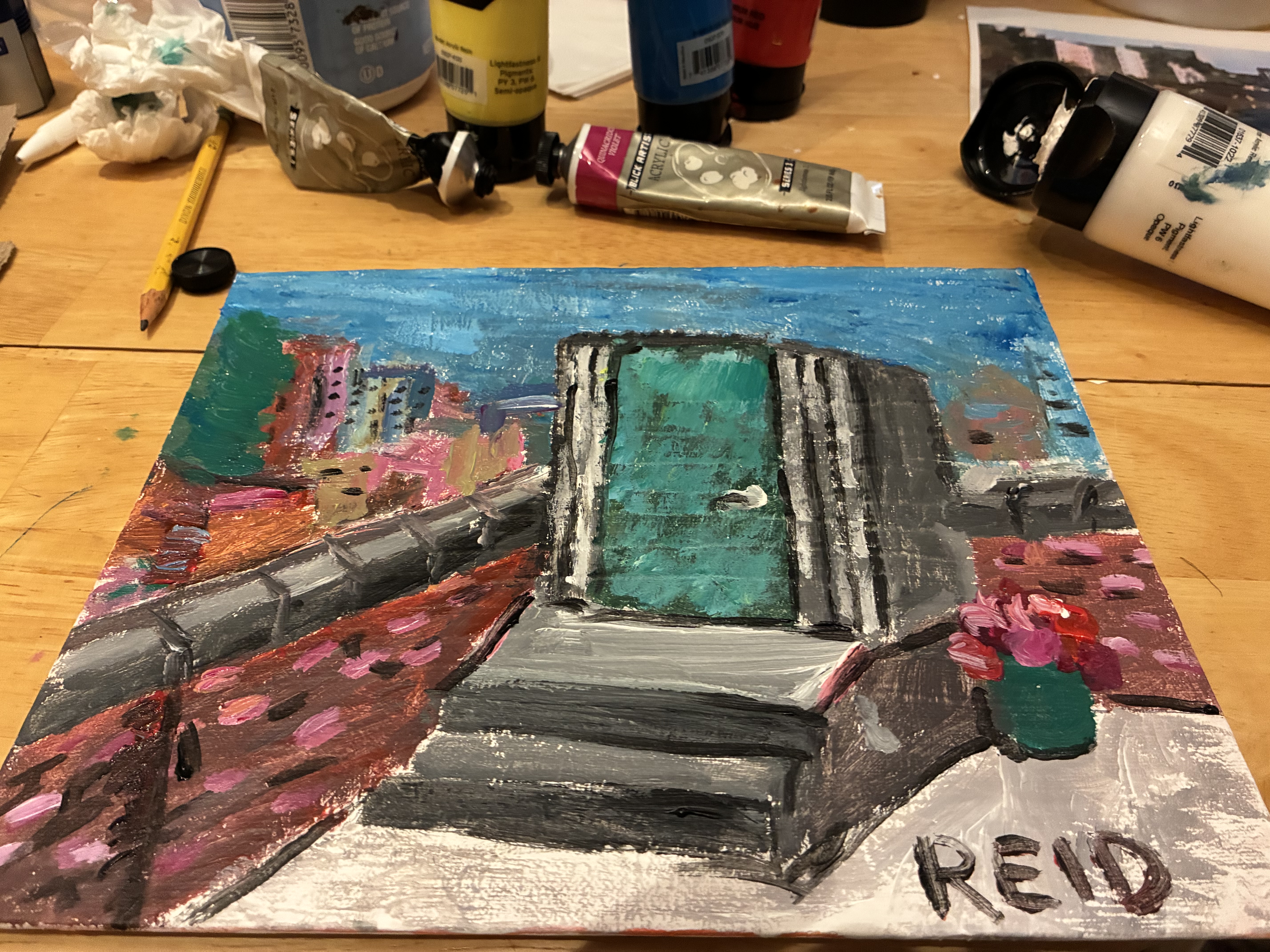 Acrylic painting of the rooftop from the movie The Room